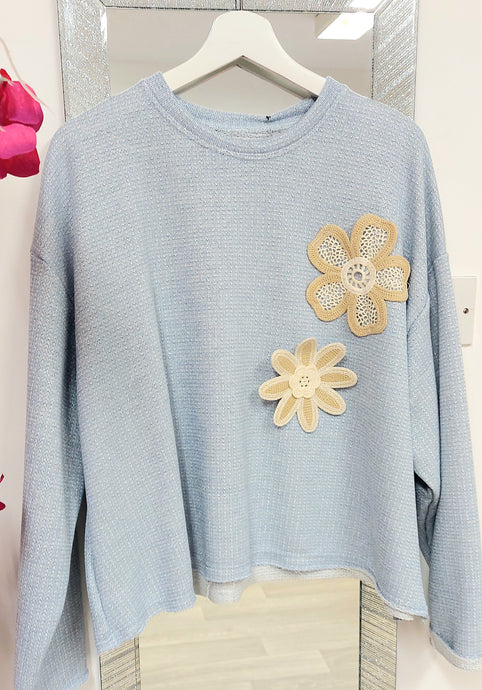 Abbi baby blue crochet flowers embellished jumper