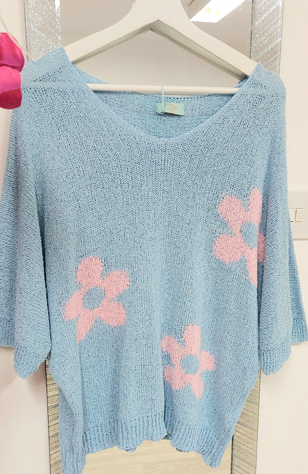 Abbi delicate knit baby blue flowers jumper