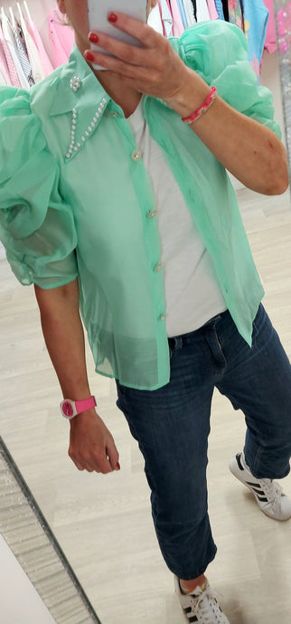 Abbi chiffon green pearl collar blouse