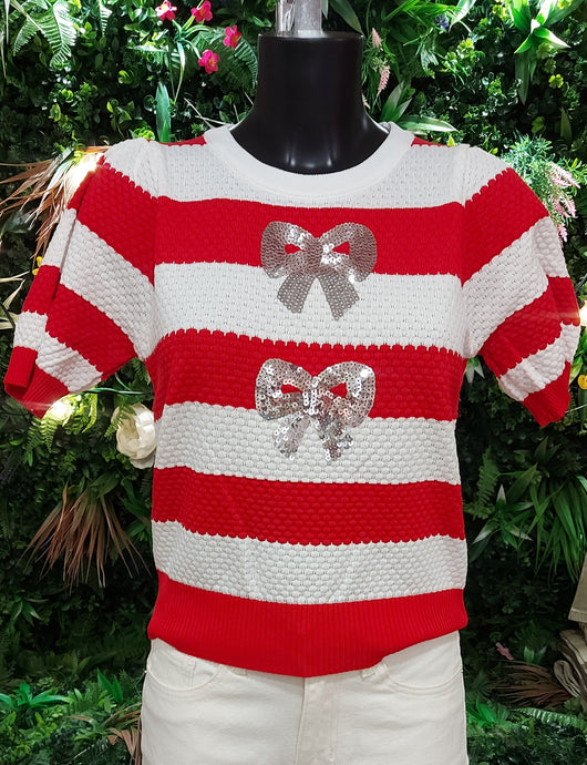 Annie stripe glitter bow light knit top