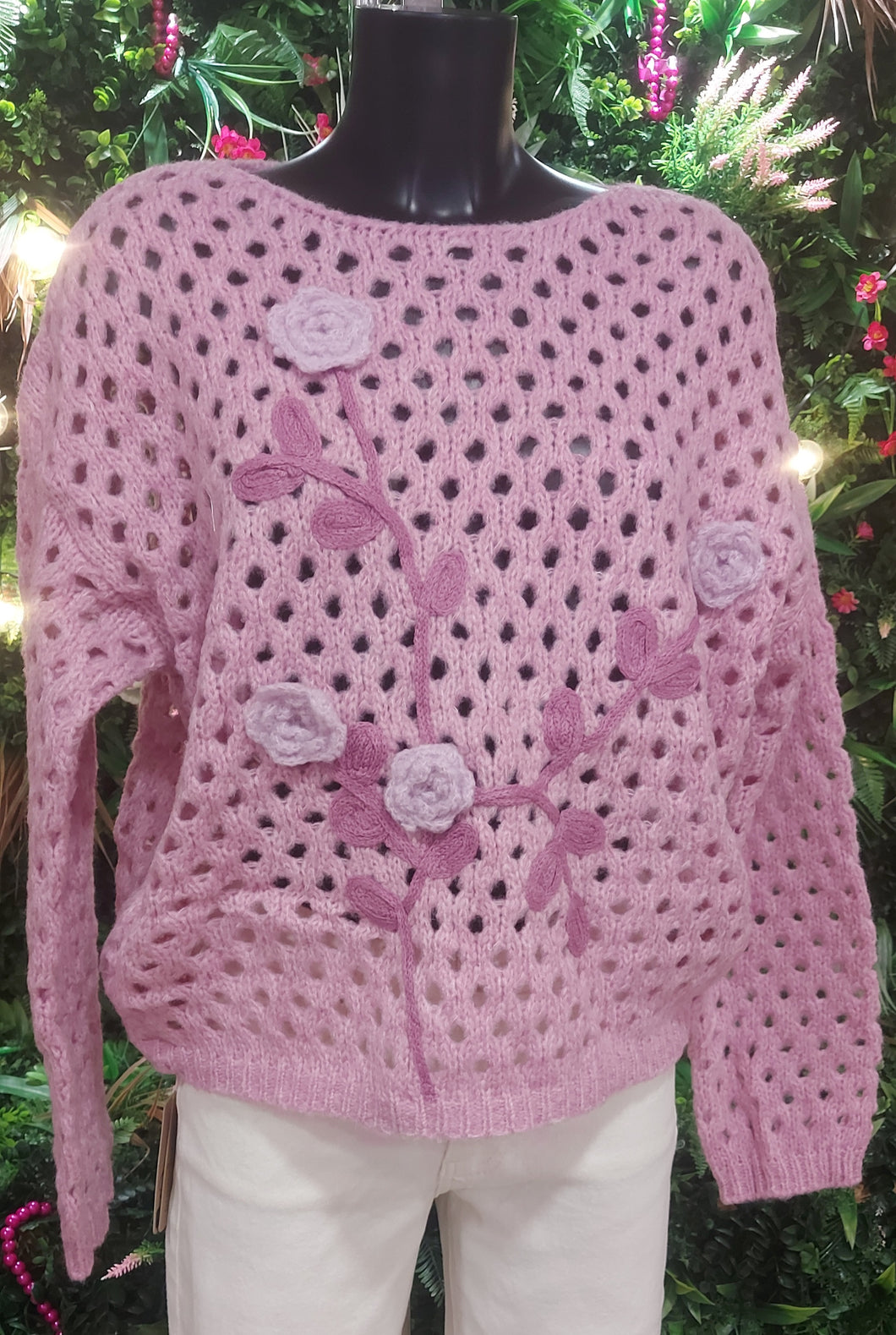 A kiki open knit pink flowers  sweater