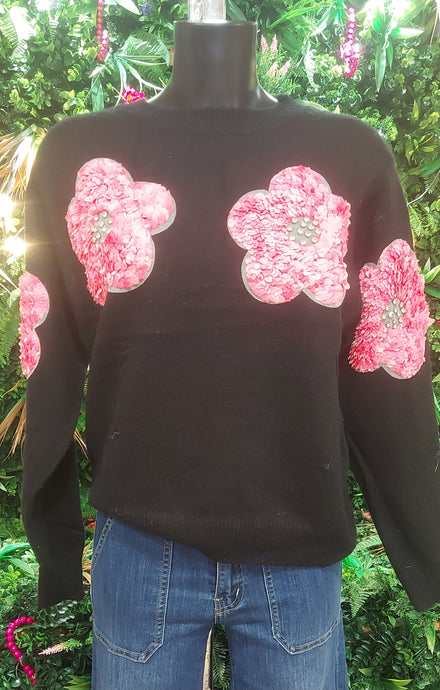 A kiko sequin flowers black knit sweater