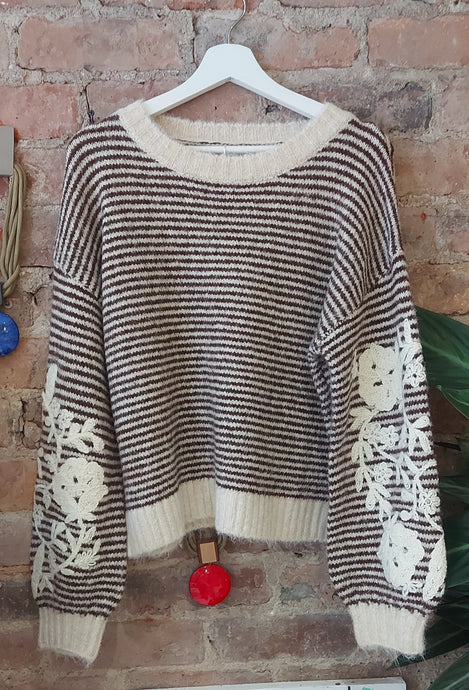 Heidi chocolate and cream stripe embroidered sleeve knit sweater