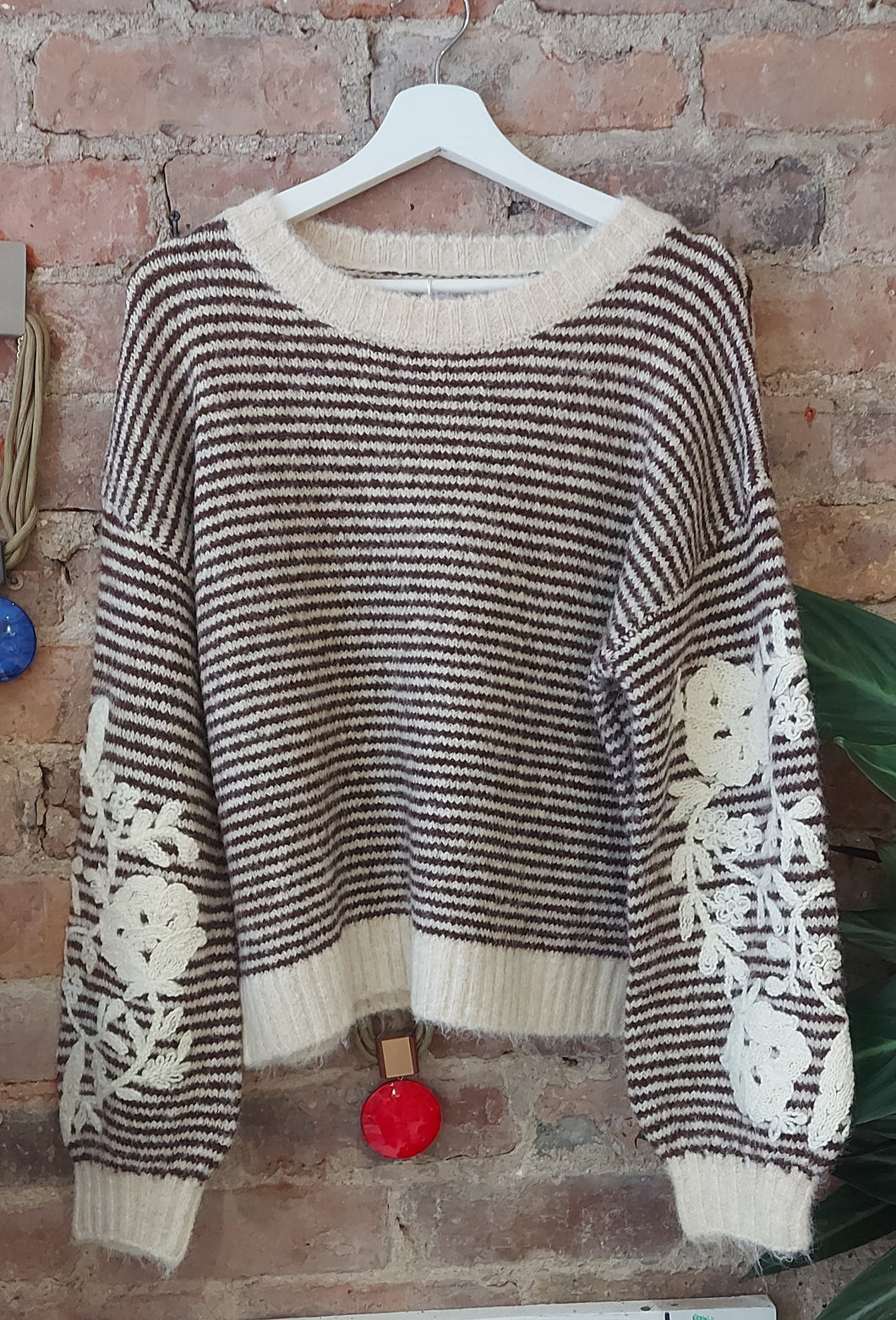 Heidi chocolate and cream stripe embroidered sleeve knit sweater