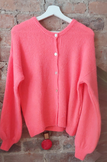 Heidi neon coral soft knit round neck cardigan