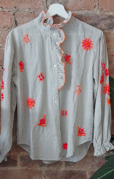 Heidi khaki embellished shirt in neon orange