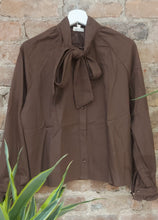 Load image into Gallery viewer, Ellie chocolate brown bow tie denim blouse