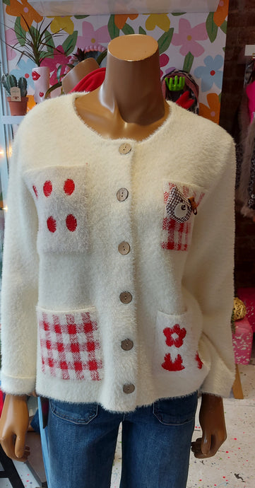 Kiki funky teddy brooch pockets cream cardigan