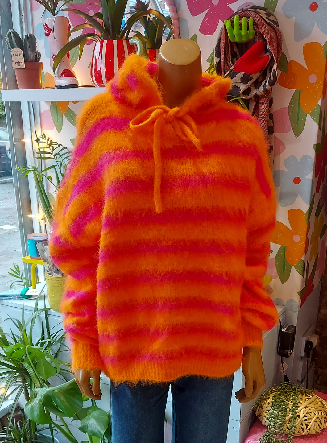 Kiki soft furry knit striepd hooded sweater