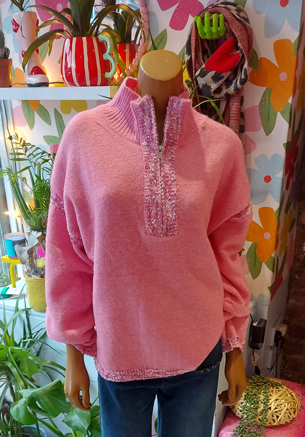 Kiki baby pink sequin knit zip sweater