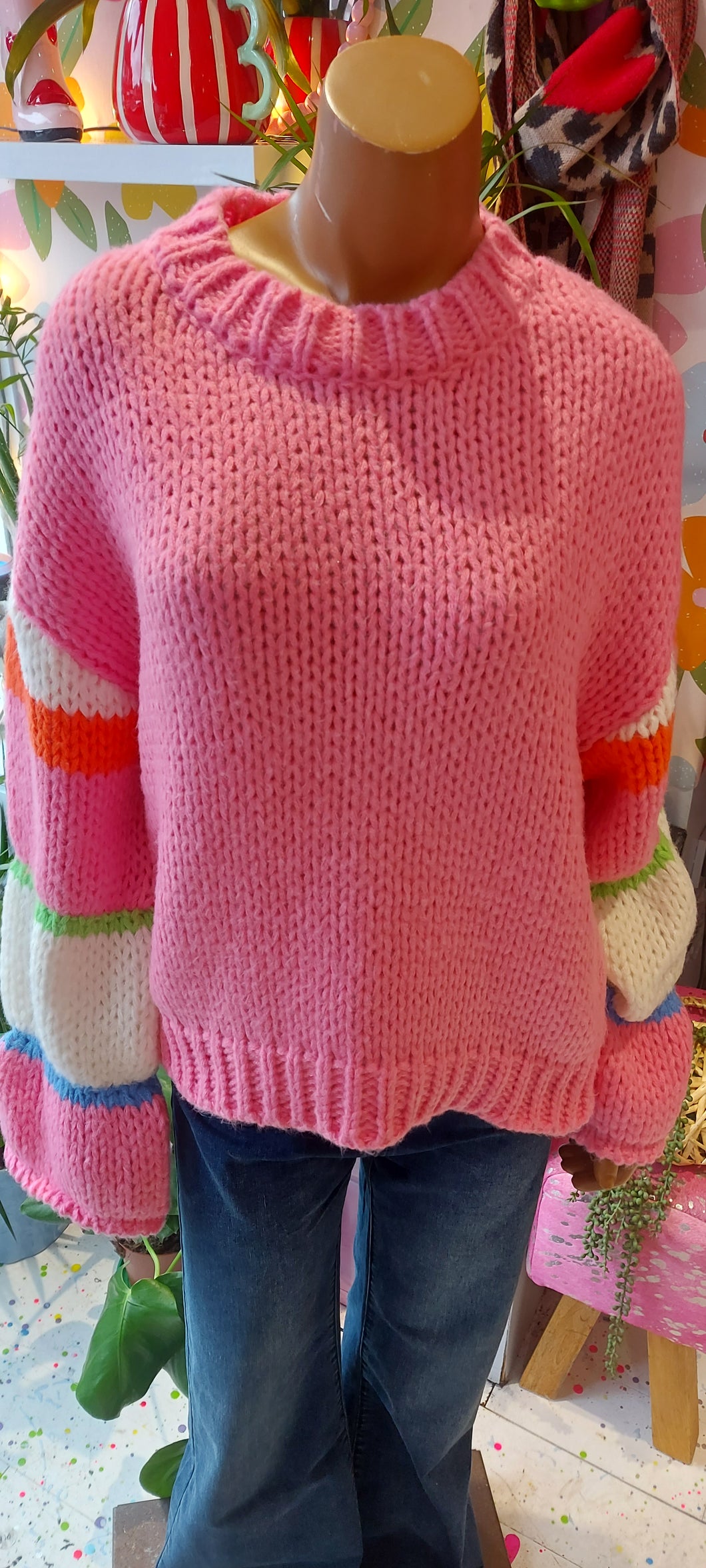 Kiki pink striped sleeve chunky knit sweater