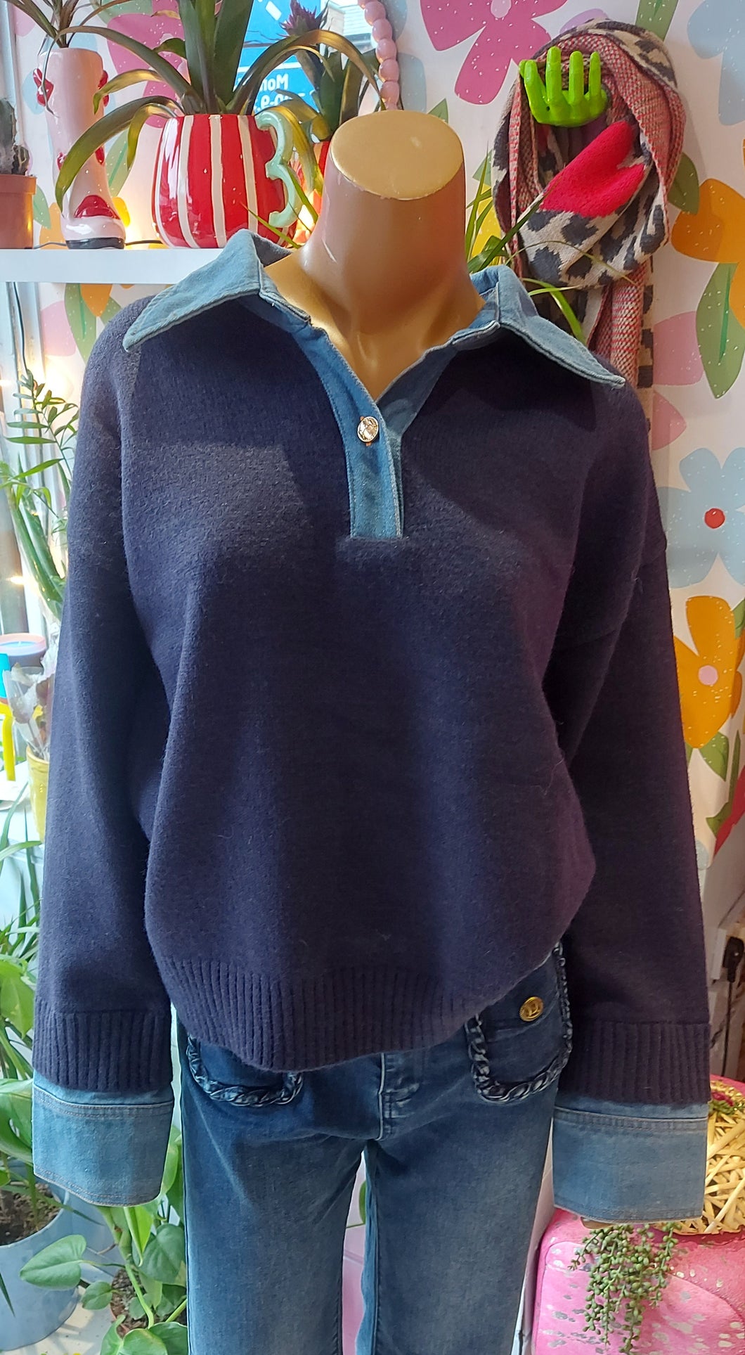 Kiki navy denim collar knit sweater