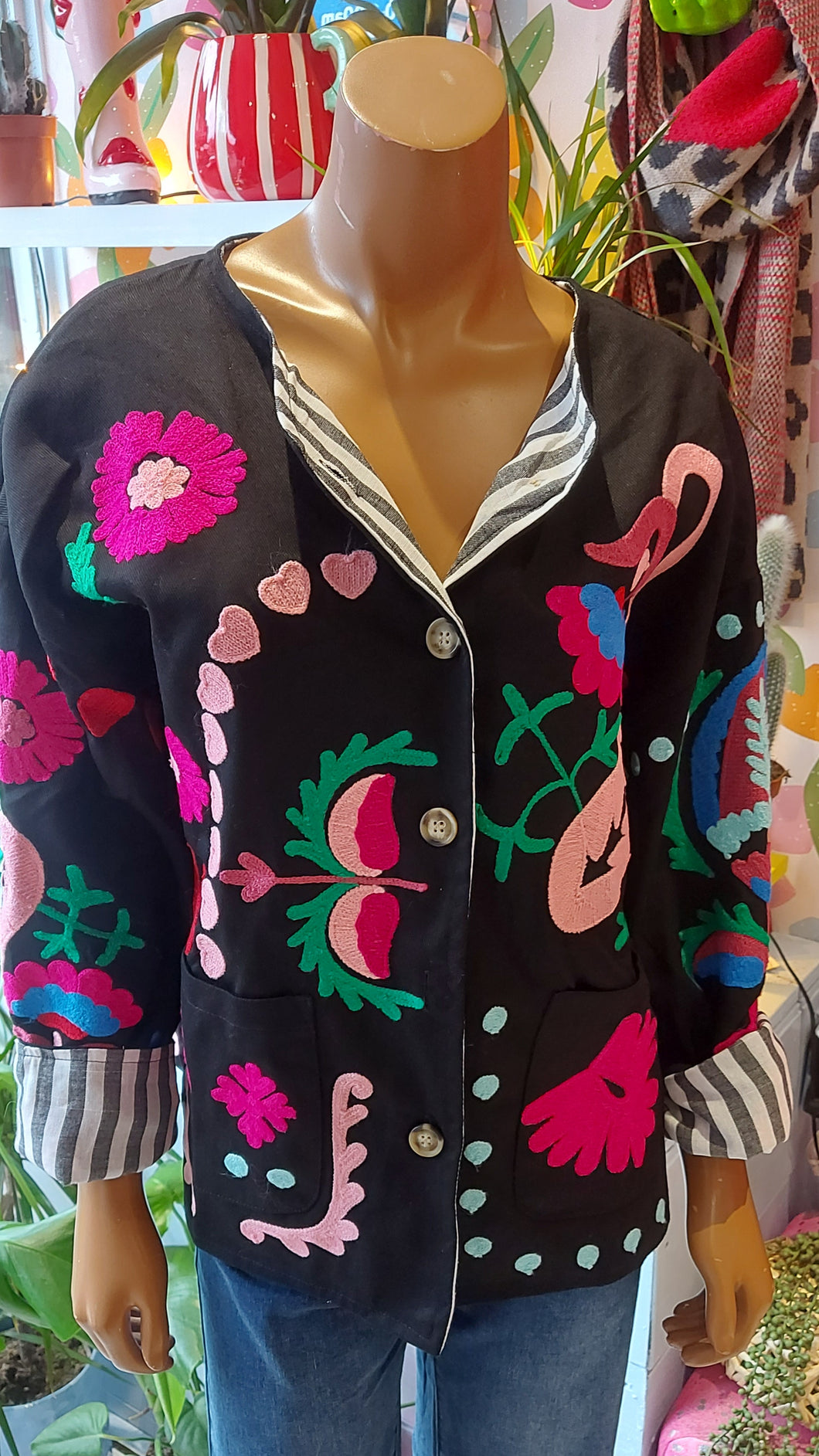 Sofia embroidered black stripe lined jacket