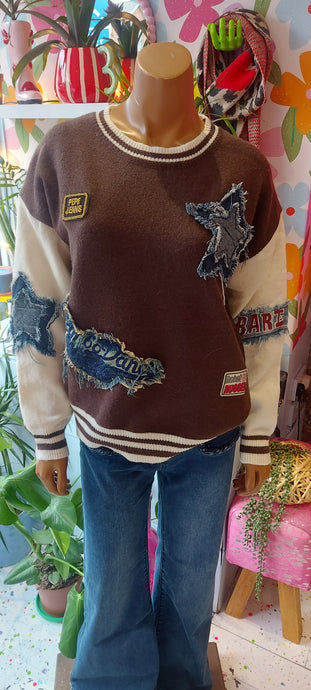 Demi denim patch funky knit sweater