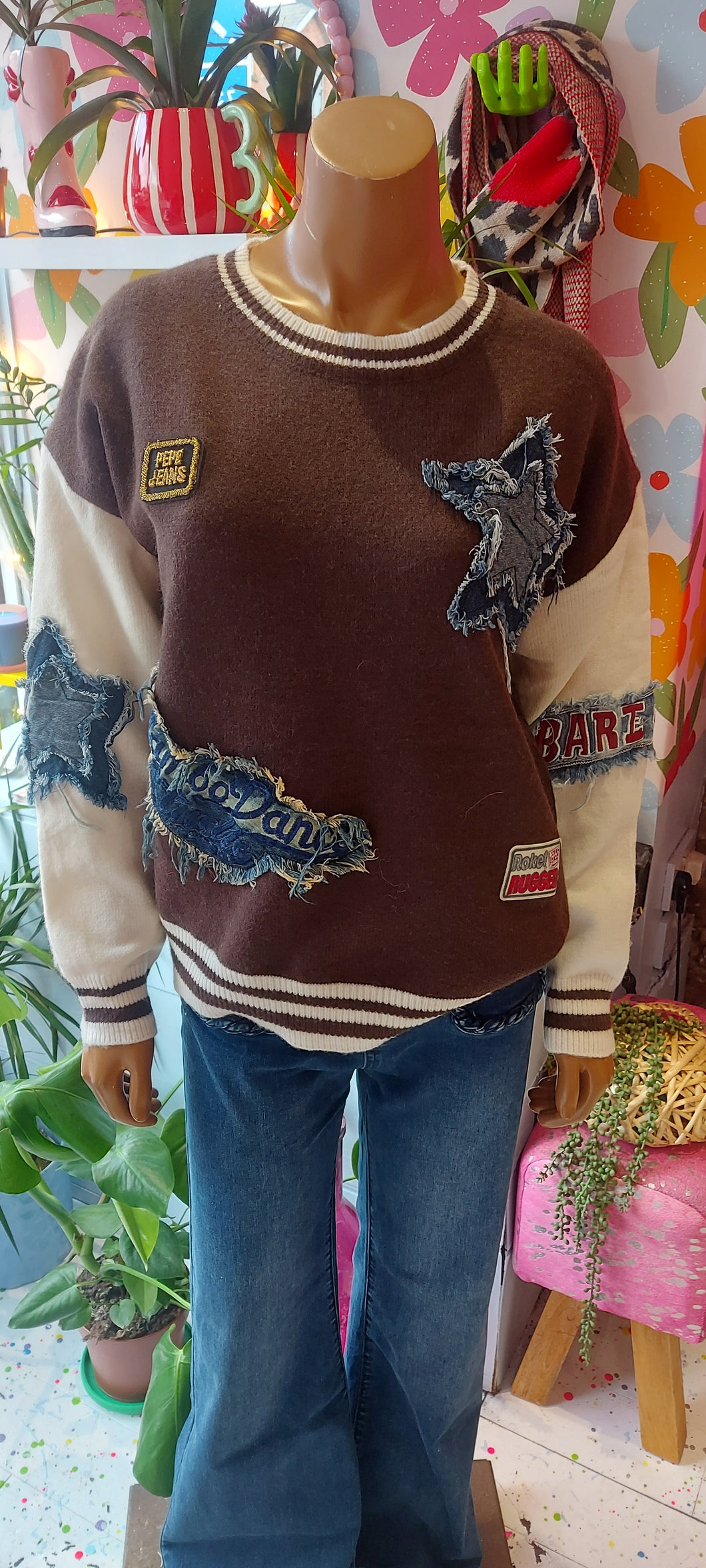 Demi denim patch funky knit sweater
