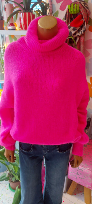 Kiki hot neon pink roll neck knit sweater