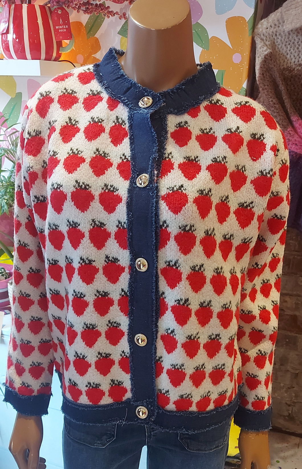 Ellie strawberry denim knit cardigan