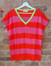 Load image into Gallery viewer, Bella wide stripe light knit top in red and pink neon green on neck