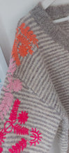 Load image into Gallery viewer, Beige stripe embroidered sleeves sweater