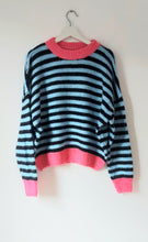 Load image into Gallery viewer, Jenny neon pink trim navy and blue striped jumper