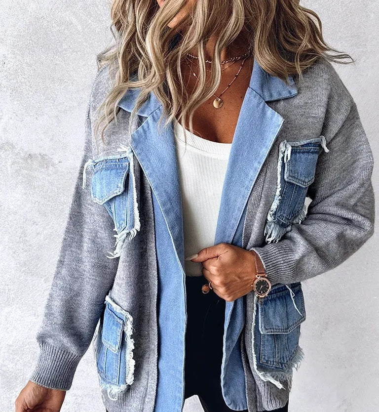 Kiki grey denim patch knit jacket