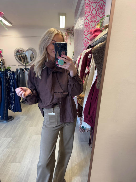 Ellie chocolate brown bow tie denim blouse