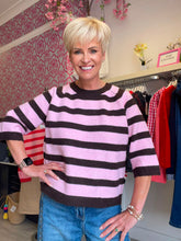 Load image into Gallery viewer, Chocolate and pink stripe light knit sweater