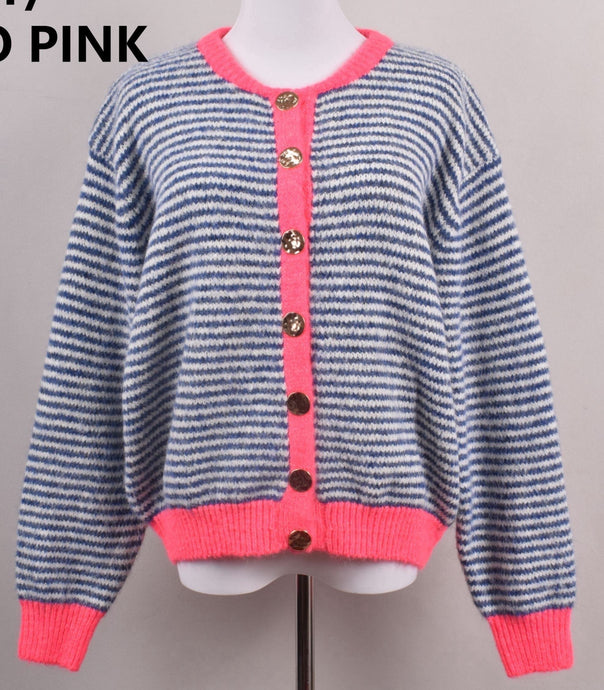 Ali neon pink trim striped cardigan