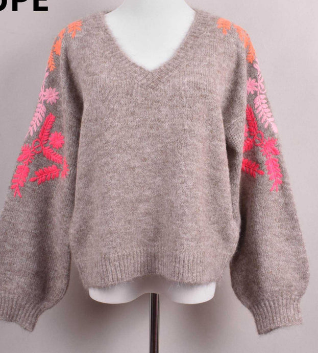 Ali taupe embroidered sleeve knit sweater