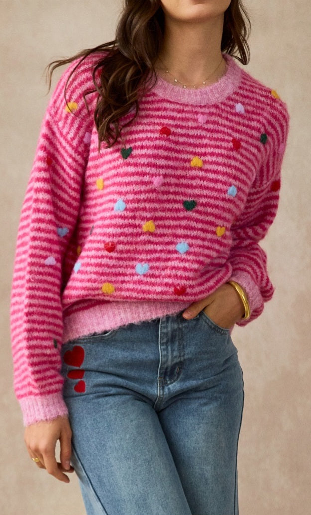 Ali hot pink striped heart sweater